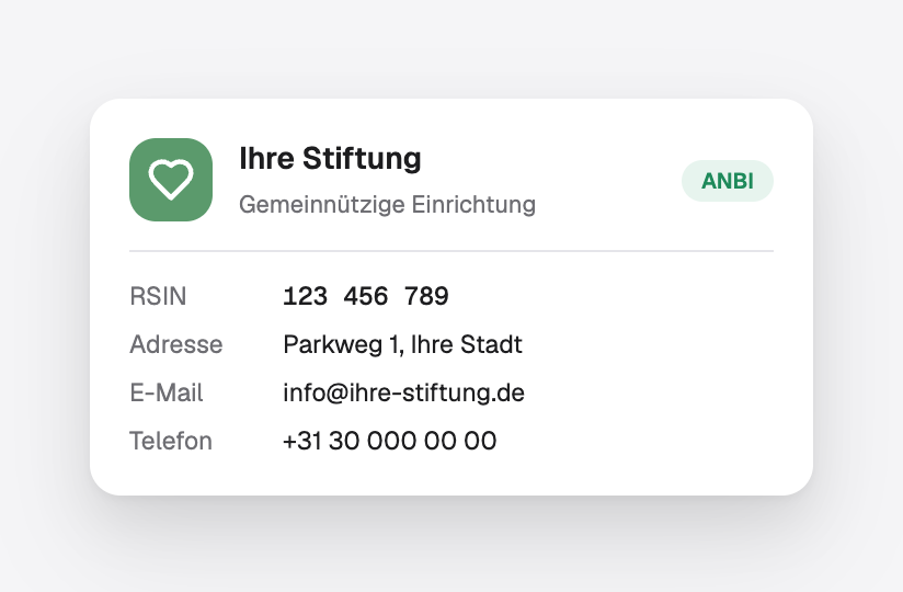Der offizielle Name der Stiftung, RSIN, Adresse und Kontaktdaten