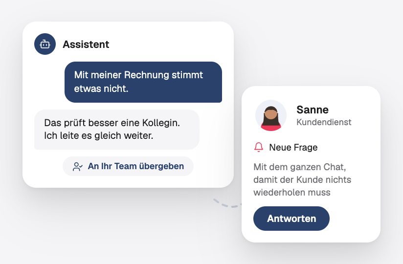 Der Assistent gibt eine Rechnungsfrage mit dem ganzen Chat an Sanne vom Servicedesk weiter