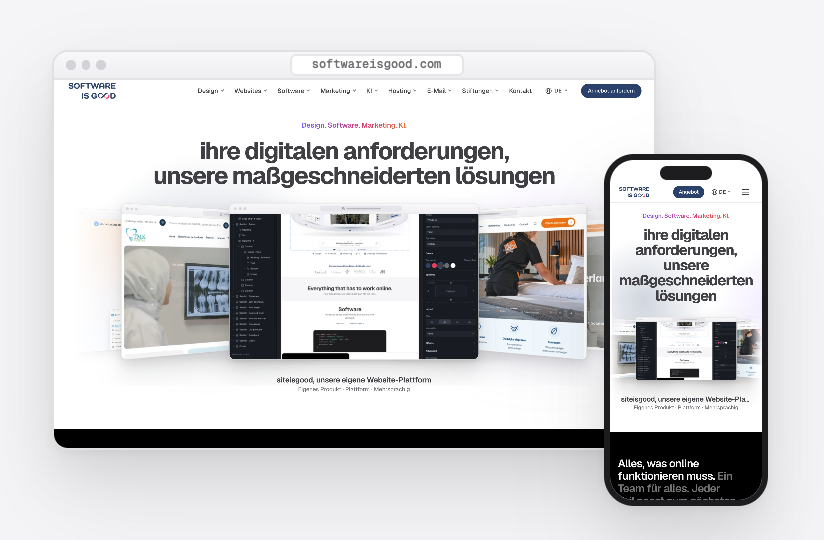 Die Website von software is good in einem Browserfenster und auf einem Smartphone