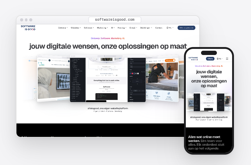 De website van software is good in een browservenster en op een telefoon