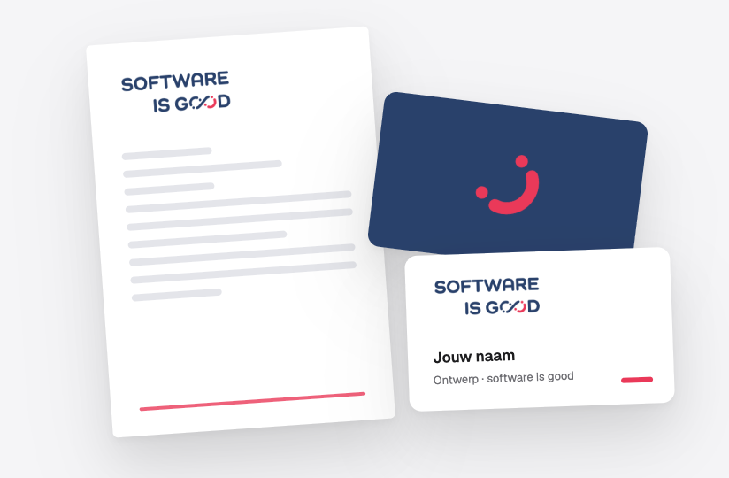 Briefpapier en twee visitekaartjes in de stijl van software is good