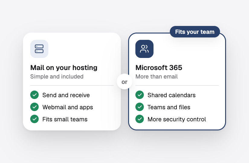 Mail on your hosting or Microsoft 365, side by side with what each offers