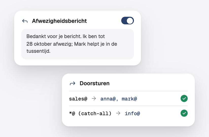 Een afwezigheidsbericht ingeschakeld, sales@ doorgestuurd naar twee mensen en een catch-all naar info@