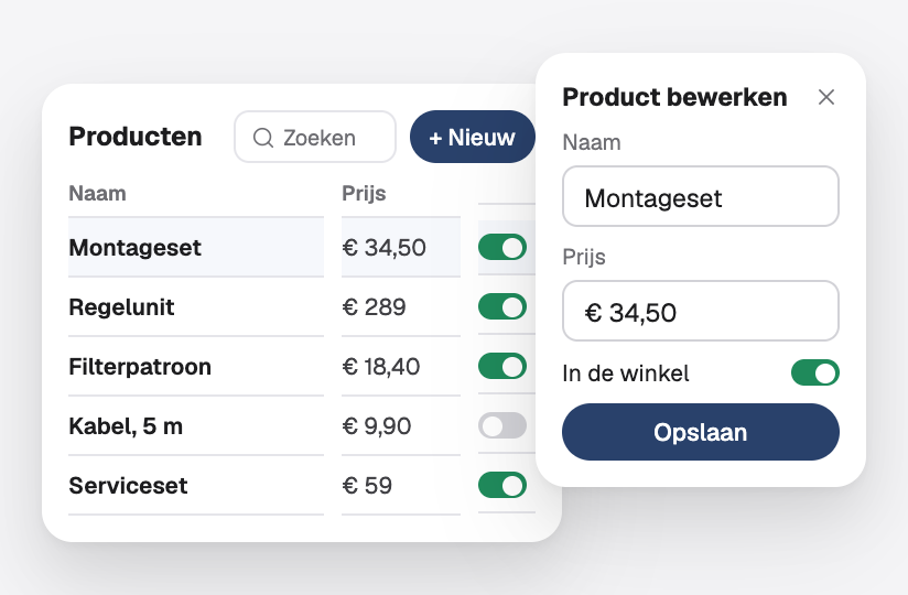 Een beheerpaneel met een productlijst en een bewerkingspaneel