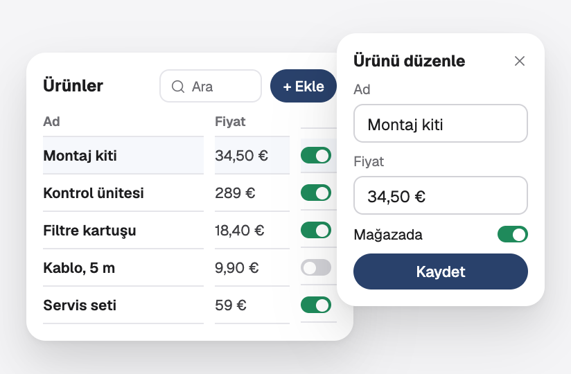 Ürün listesi ve düzenleme paneli olan bir yönetim paneli