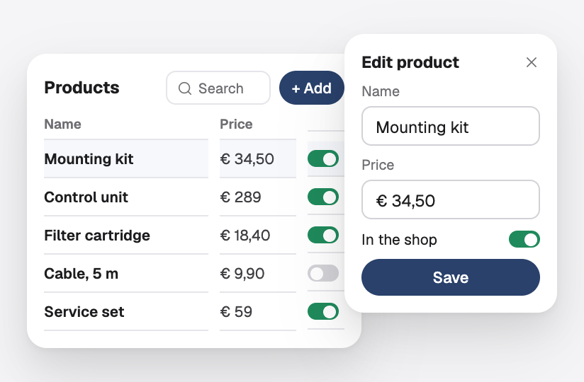 An admin panel with a product list and an edit panel