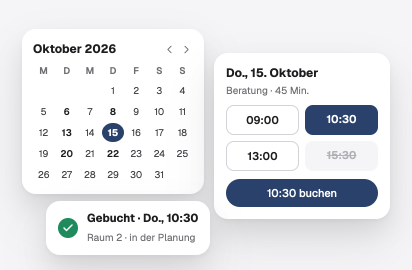Ein Buchungskalender mit freien Zeitfenstern und einem bestätigten Termin in der Planung