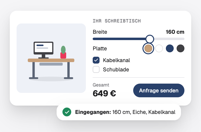 Ein Schreibtisch-Konfigurator mit Breite, Farbe der Tischplatte und Extras, einem Live-Preis und einer vollständigen Anfrage