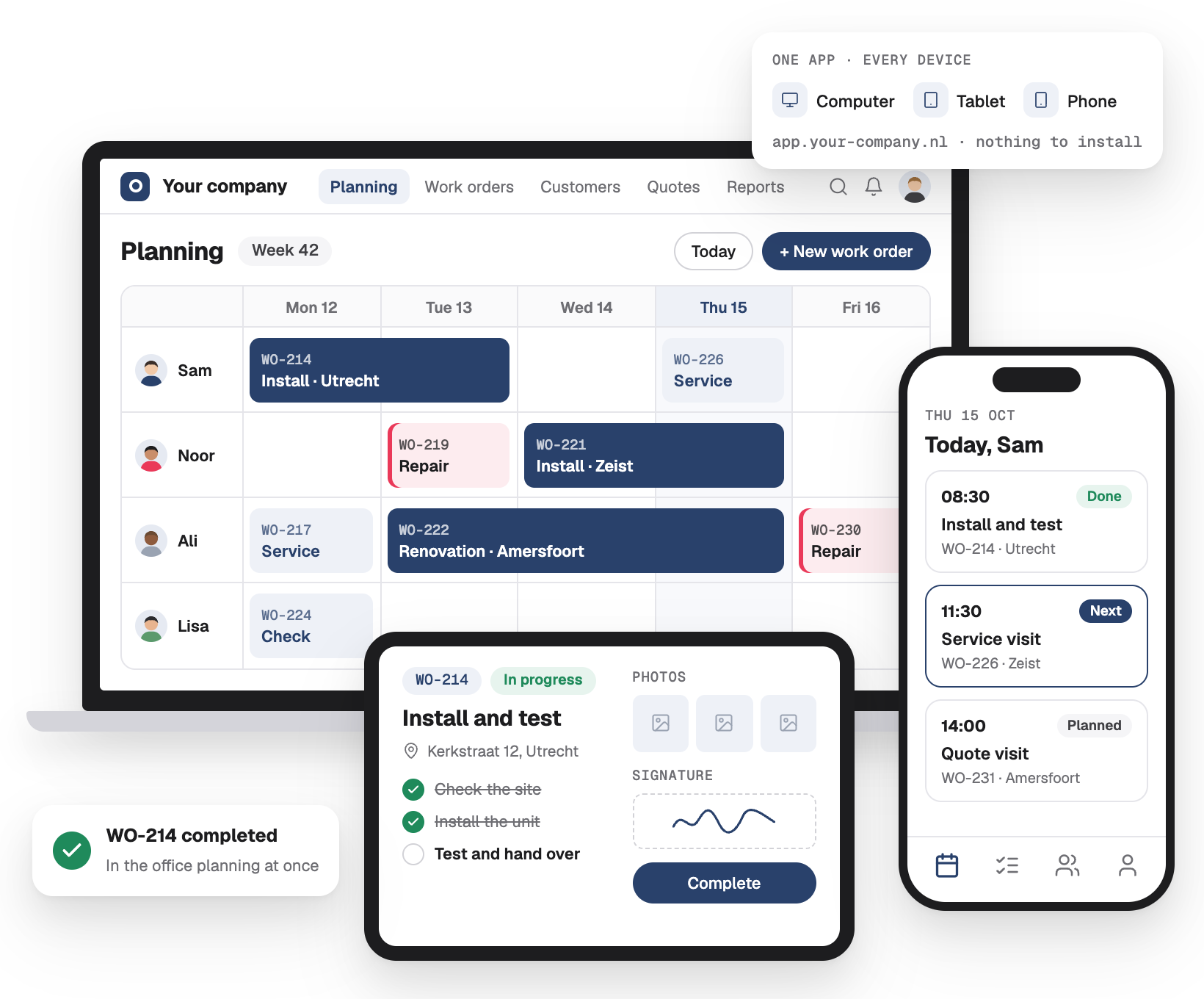 A work-order web app for Your company on a laptop, tablet and phone: the week planning, a work order with checklist and signature, and today's jobs