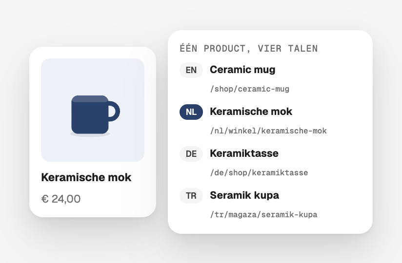 Eén product met een eigen naam en adres in het Engels, Nederlands, Duits en Turks