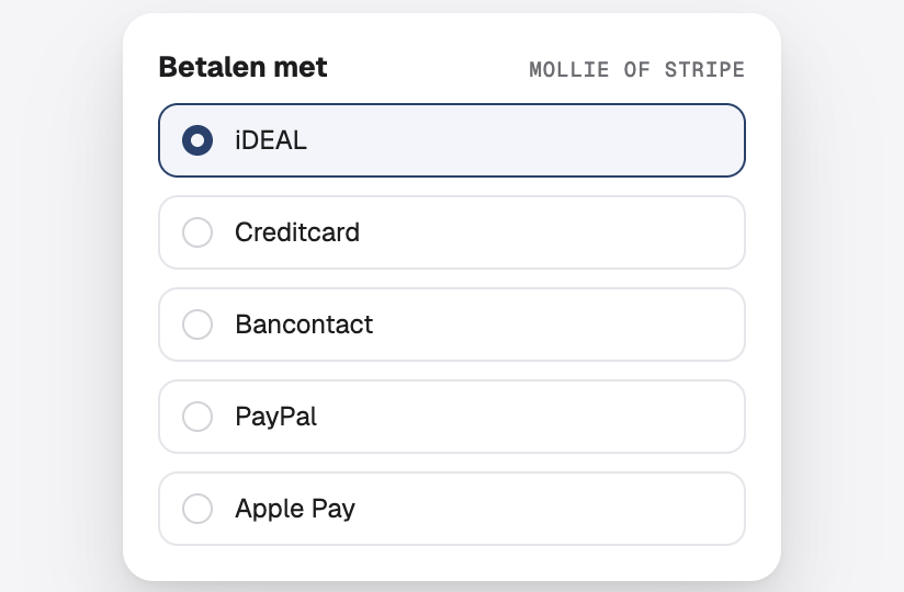 Een keuze aan betaalmethoden: iDEAL, kaart, Bancontact, PayPal en Apple Pay