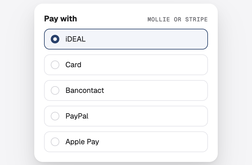A choice of payment methods: iDEAL, card, Bancontact, PayPal and Apple Pay
