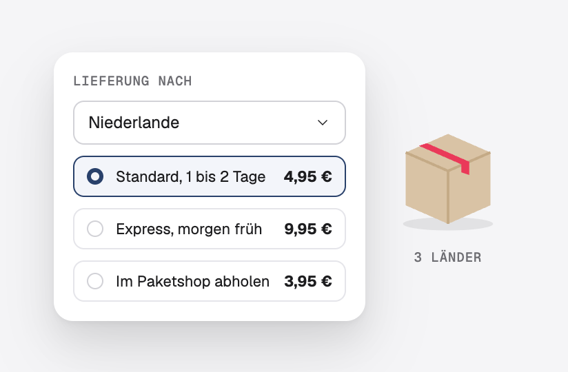 Lieferoptionen mit ihren Versandkosten, daneben ein Paket