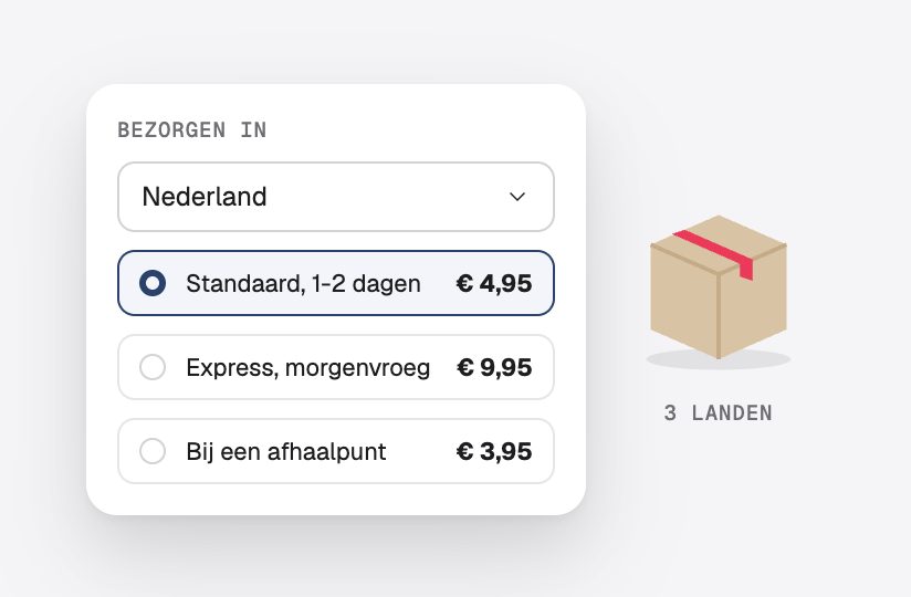 Bezorgopties met hun verzendkosten, naast een pakket