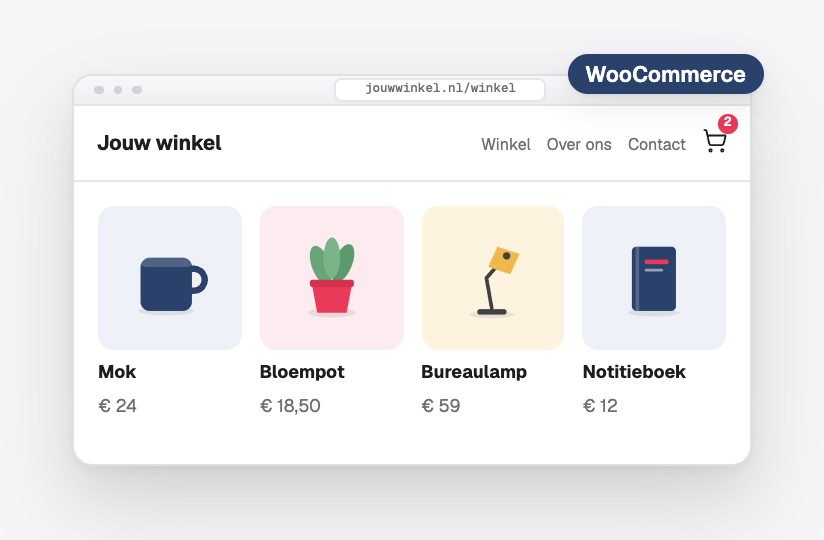 Een demowebshop met vier producten en hun prijzen