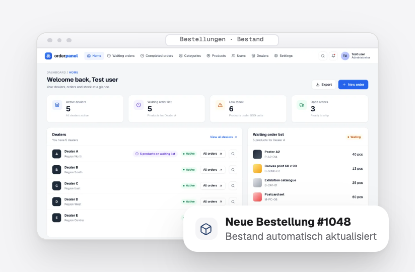 Unser Lager- und Händlersystem mit einer neuen Bestellung und einem Lagerbestand, der sich von selbst aktualisiert hat