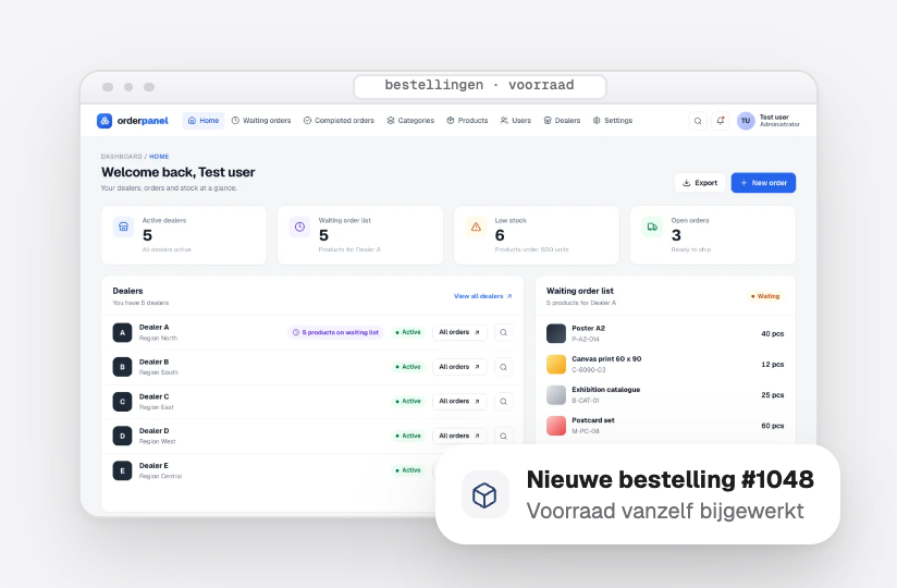 Ons voorraad- en dealersysteem met een nieuwe bestelling en voorraad die zichzelf heeft bijgewerkt