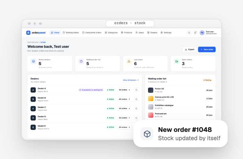 Our stock and dealer system with a new order and stock that updated itself