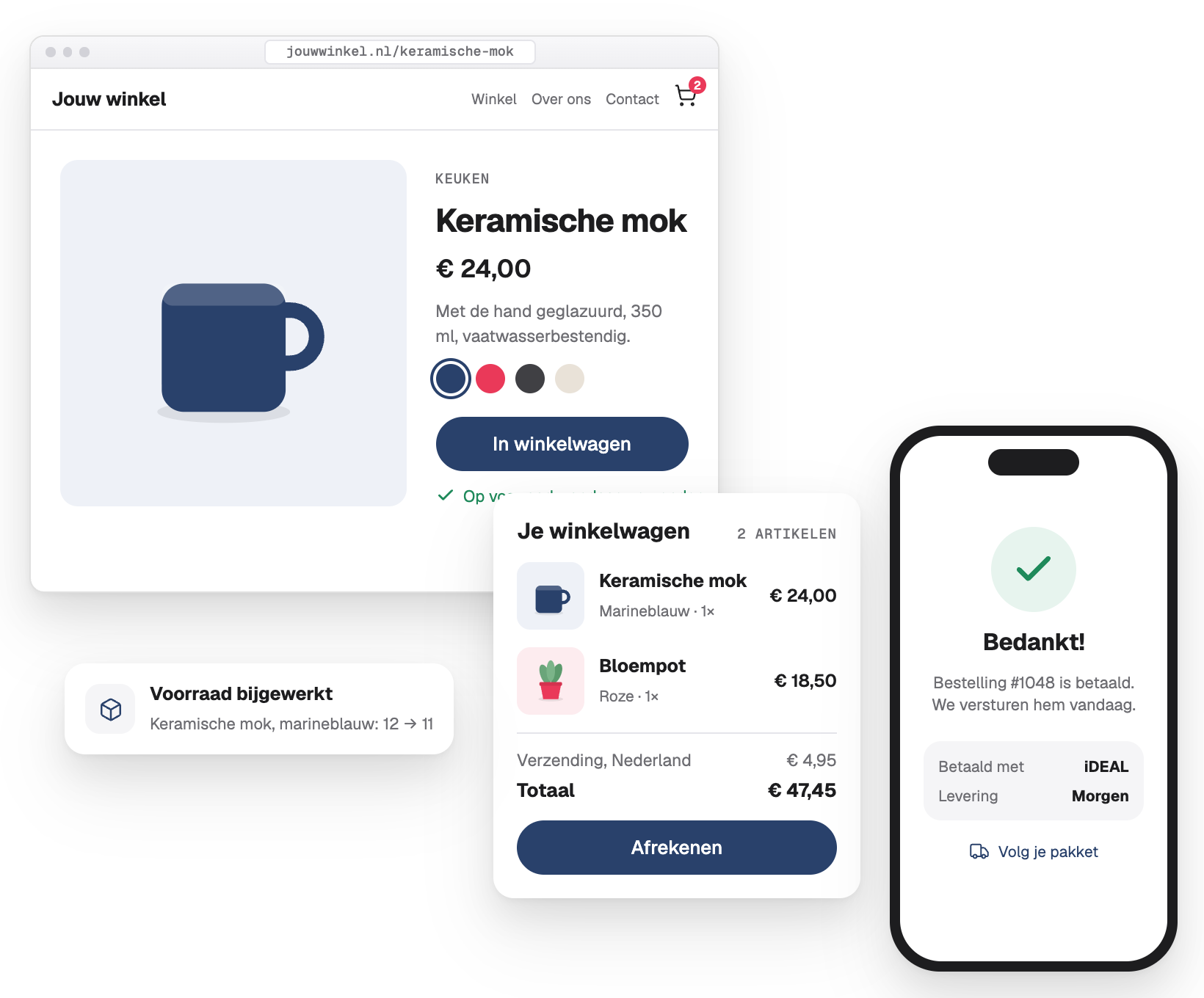 Eén bestelling in een demowebshop: de productpagina, het winkelmandje met verzending en de betaalde bestelling op een telefoon