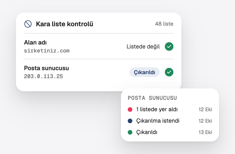 Alan adı ve e-posta sunucusu için kara liste kontrolü; sunucu bulunduğu bir listeden çıkarılmış
