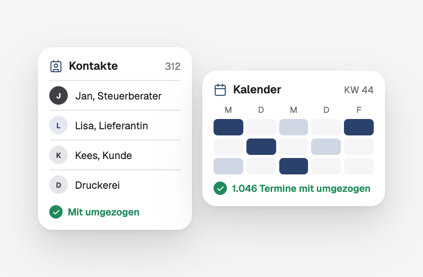 Kontakte und ein Kalender, die zum neuen Anbieter mitgekommen sind