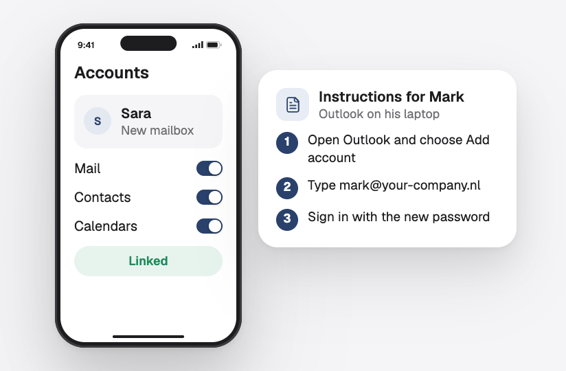 A phone linked to the new mailbox, and short instructions to set up Outlook on a laptop
