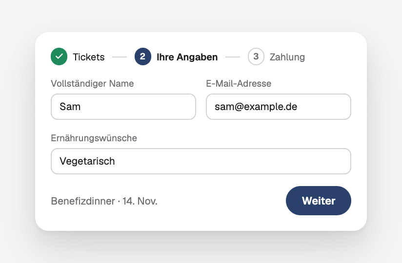 Der Schritt mit den Angaben bei einer Anmeldung: Name, E-Mail und Ernährungswünsche