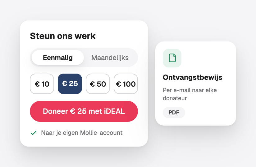 Een donatieformulier en de ontvangstbevestiging die elke donateur krijgt