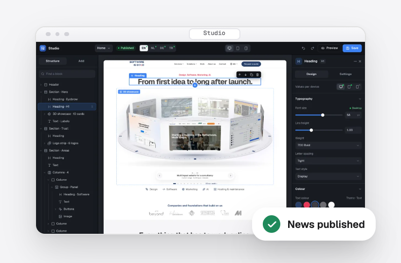 Our own Studio, where you publish news yourself