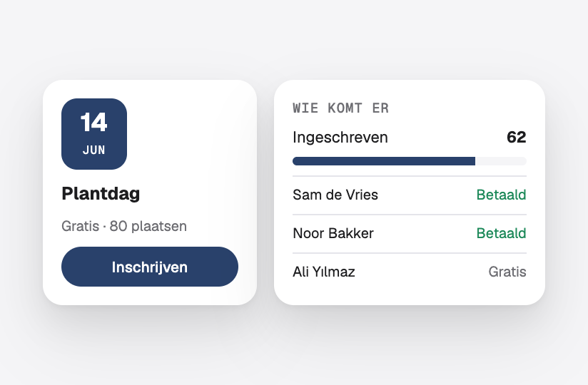 Een evenement om je voor aan te melden, naast de lijst van wie er komt en wie heeft betaald