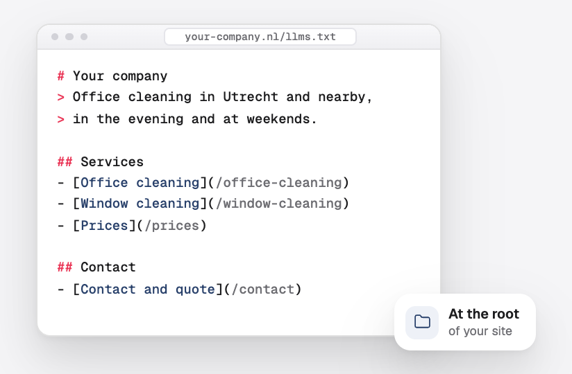 An llms.txt file at the root of the site naming what the company does and its main pages
