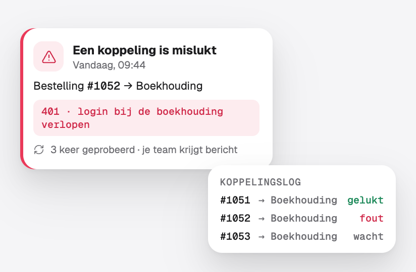 Een foutmelding van een mislukte koppeling met de reden en de nieuwe pogingen, en het logboek van de koppeling