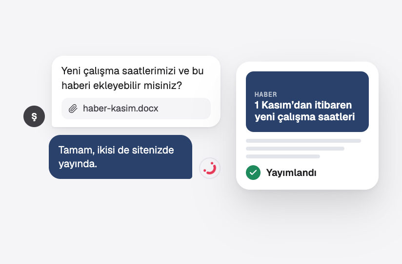 Yeni çalışma saatleri ve bir haber eklenmesi talebi, “tamamlandı” yanıtı ve yayımlanan haber