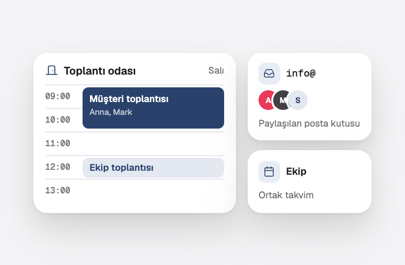 Bir toplantı odası takvimi, ortak bir info@ kutusu ve ortak bir ekip takvimi