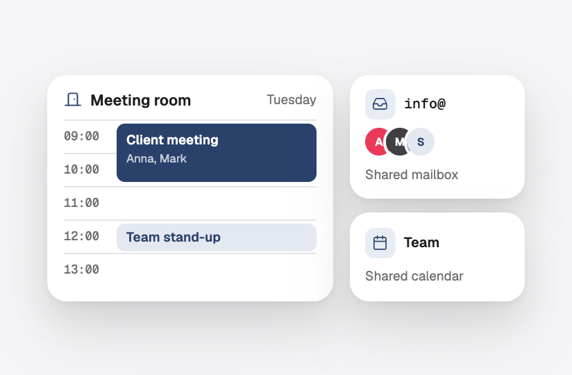 A meeting room calendar, a shared info@ mailbox and a shared team calendar
