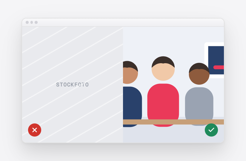 Een website waarop een stockfoto is vervangen door een foto van het team