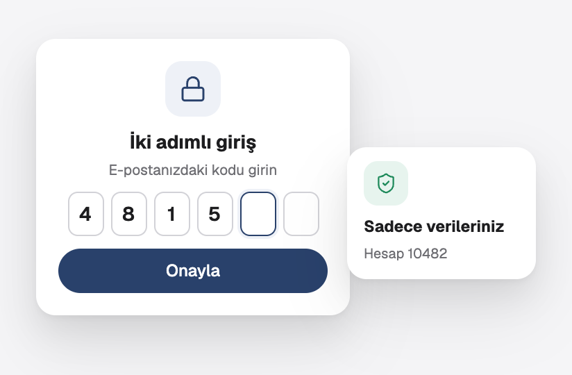 E-postayla gelen kodla iki adımlı giriş; böylece her müşteri yalnızca kendi verilerini görür