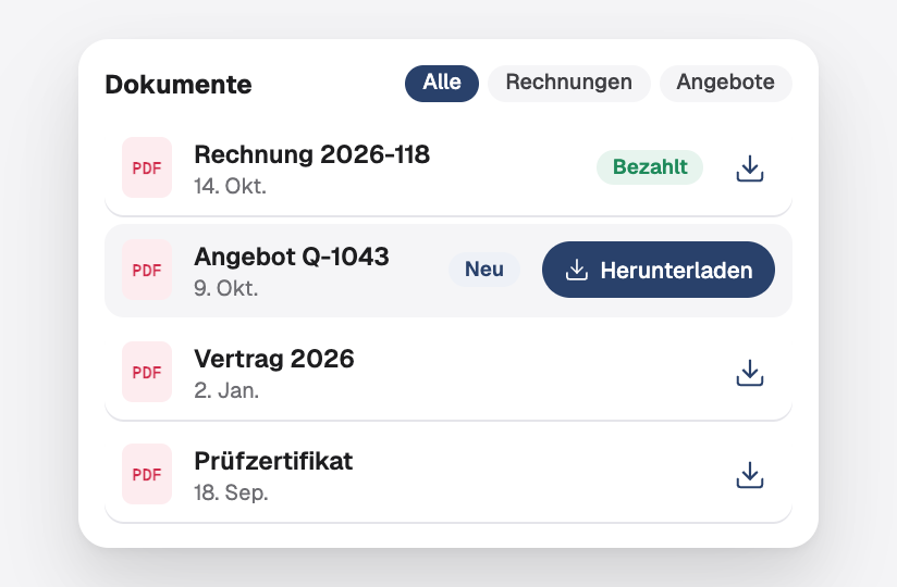 Eine Liste von Rechnungen, Angeboten, Verträgen und Zertifikaten zum Herunterladen