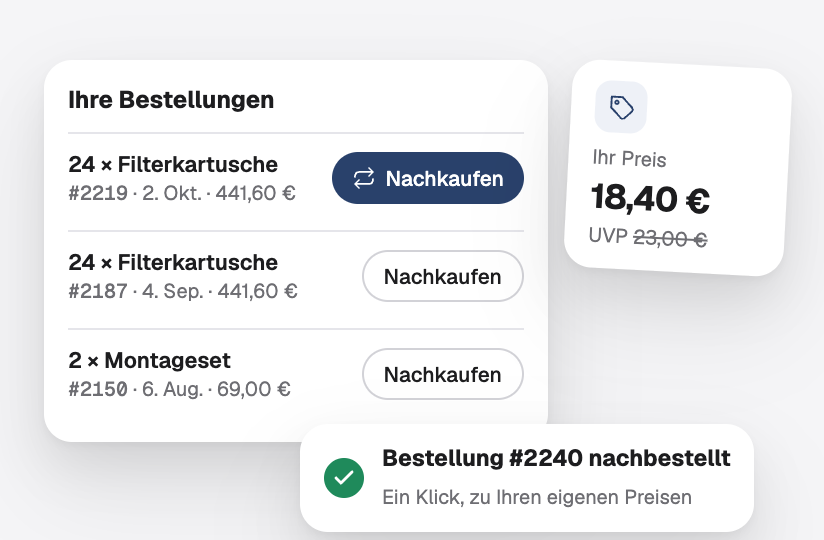 Frühere Bestellungen eines Kunden mit einem Button zum erneuten Bestellen und seinem eigenen Preis