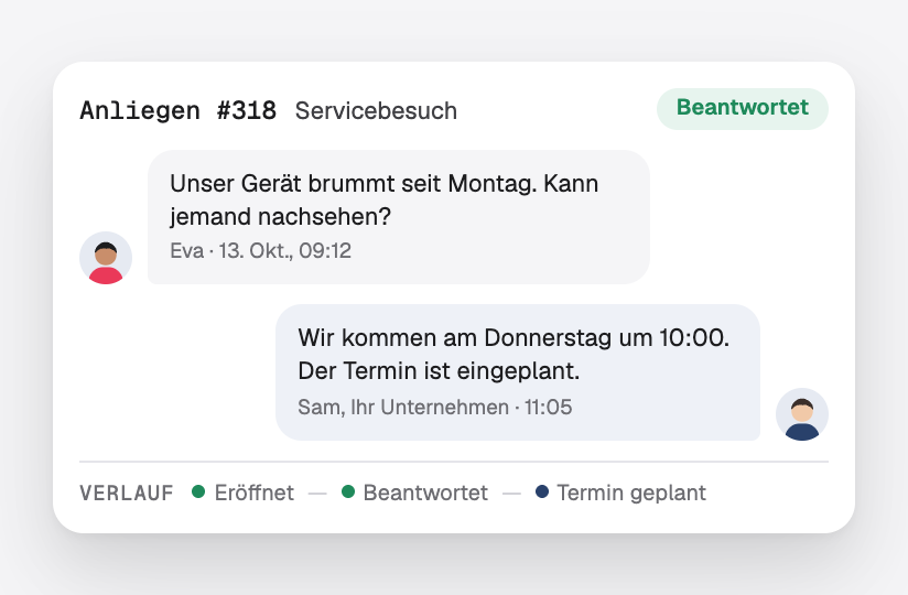 Eine Serviceanfrage mit der Frage des Kunden, der Antwort des Teams und dem Verlauf