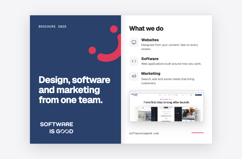 An open brochure: the cover and a page about what we do