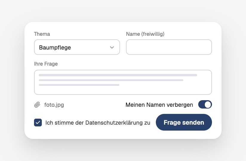 Das Frageformular: Thema, Frage, ein Anhang, Namen nicht anzeigen und Einwilligung zum Datenschutz