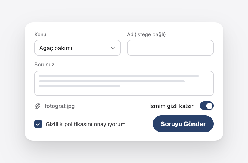 Soru sorma formu: konu, soru, bir ek dosya, adımı gizle seçeneği ve gizlilik onayı