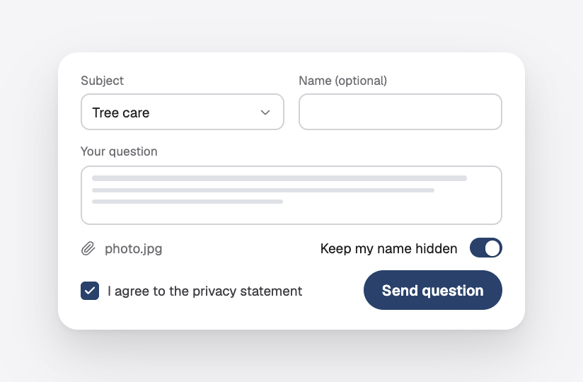 The ask form: subject, question, an attachment, keep my name hidden and privacy consent
