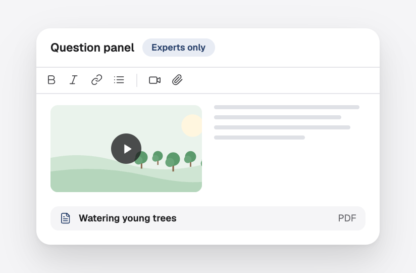 The question panel for experts with a rich editor, a video and a document to download