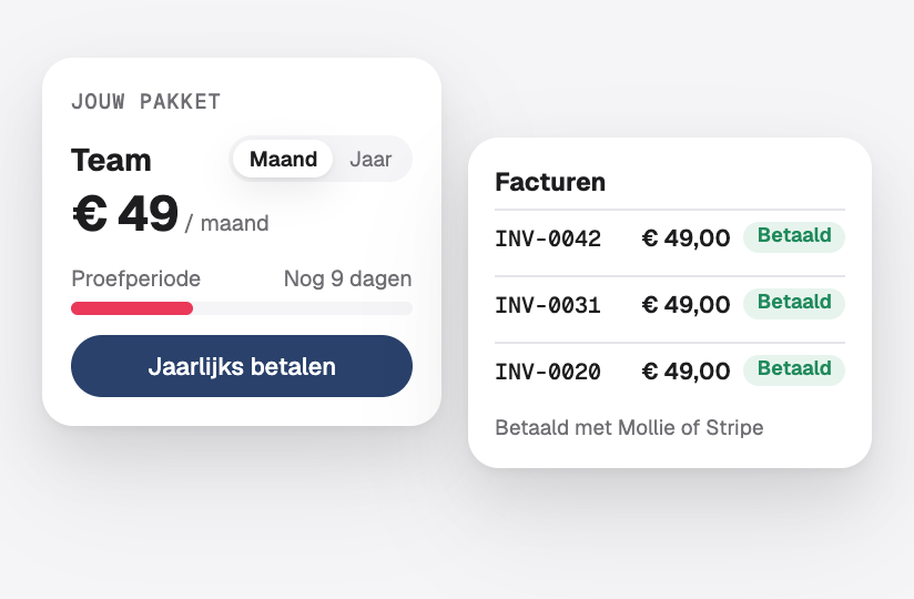 Een maandabonnement met een proefperiode, en betaalde facturen via Mollie of Stripe