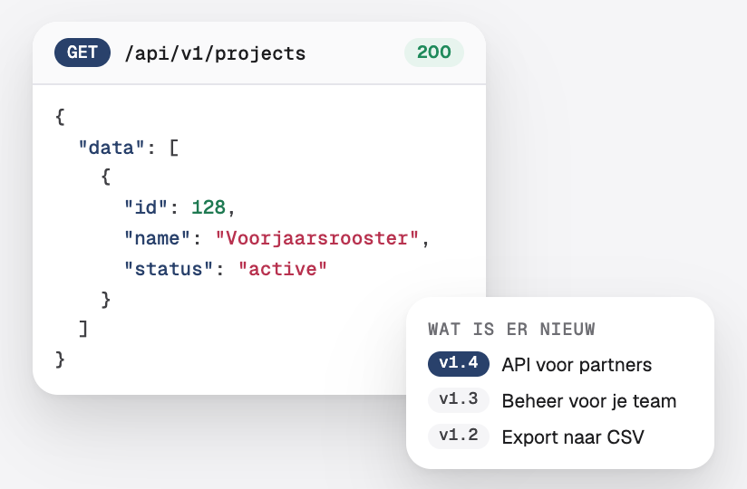 Een API-aanroep die de gegevens van het product teruggeeft, en een lijst met nieuwe versies na de lancering