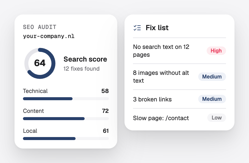 An SEO audit of your-company.nl with a search score and a list of fixes by priority
