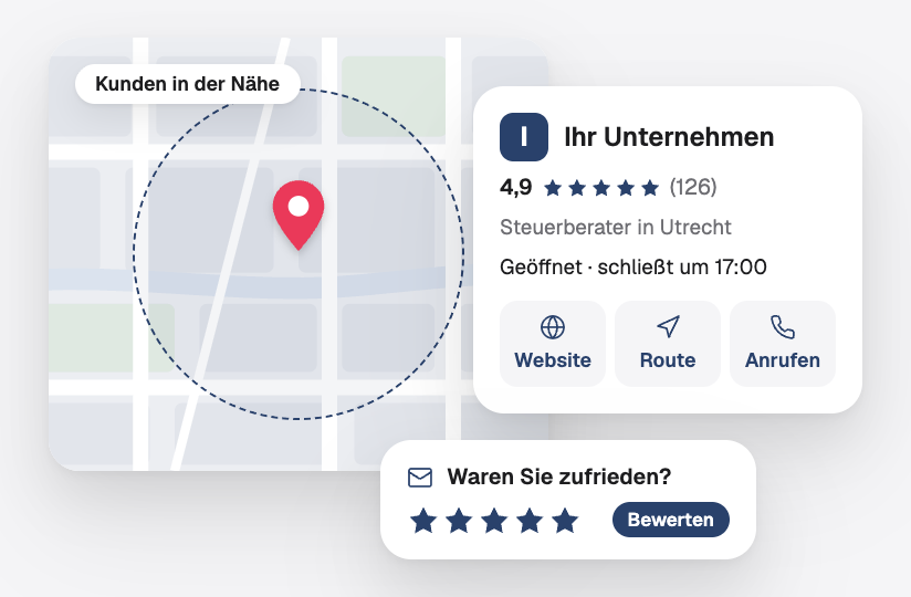 Your company auf einer Karte mit Kunden in der Nähe, sein Unternehmensprofil mit Bewertungen und eine Bitte um eine Bewertung
