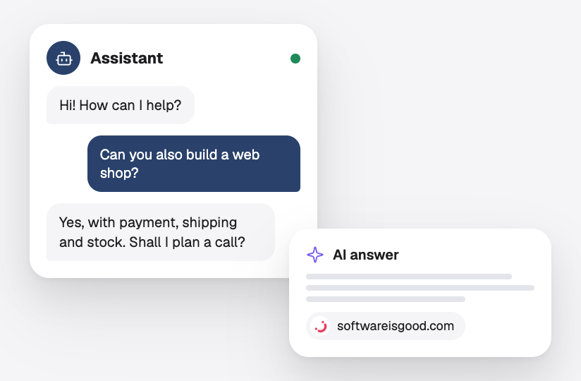 A chat with an assistant on a website and an AI answer naming the site